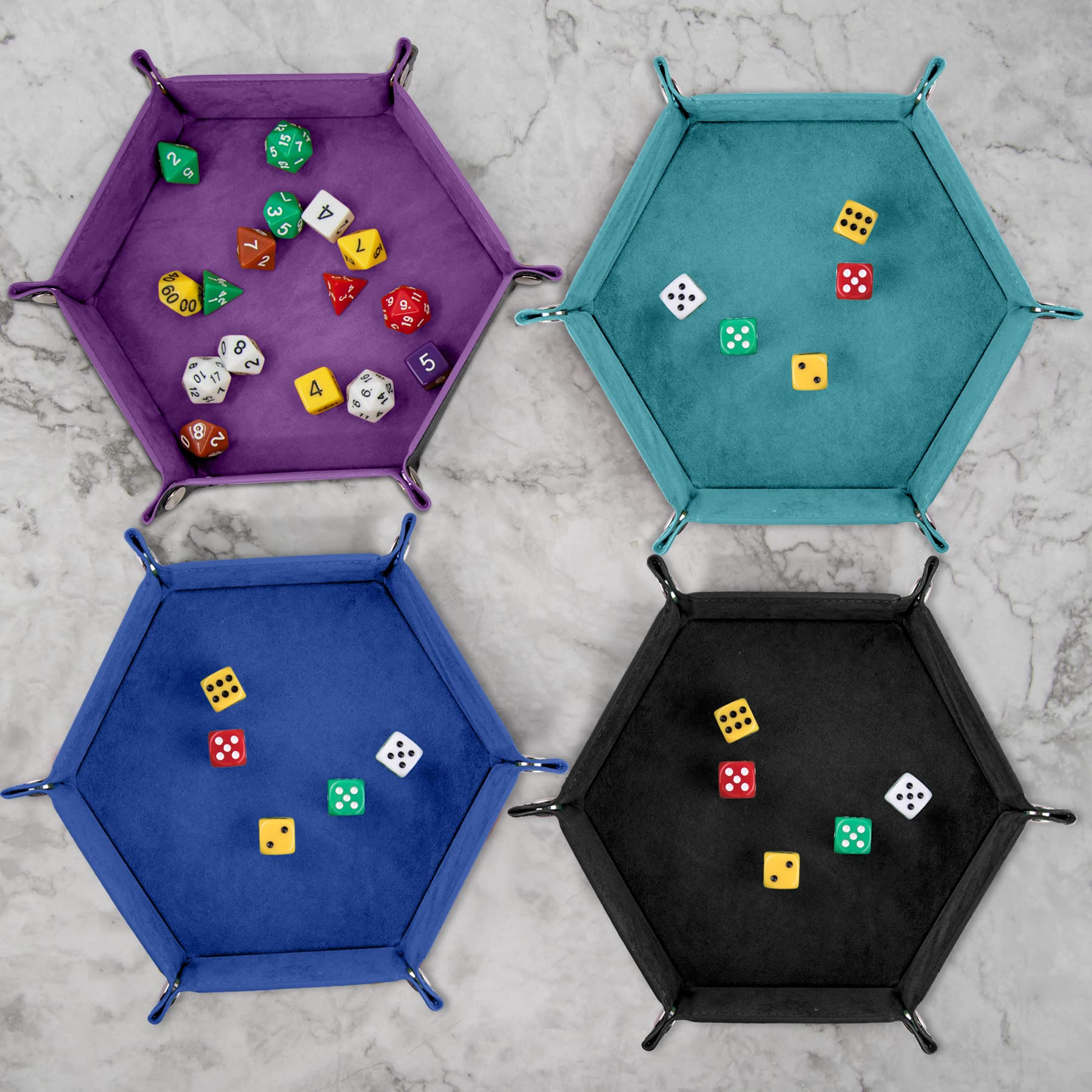 SIQUK 4-Pack Hexagon Dice Trays – PU Leather & Velvet, Collapsible, Portable for DND/RPG (Black, Cyan, Violet, Royal Blue)