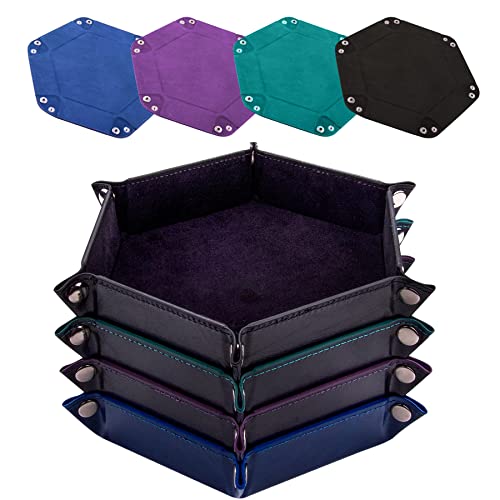 SIQUK 4-Pack Hexagon Dice Trays – PU Leather & Velvet, Collapsible, Portable for DND/RPG (Black, Cyan, Violet, Royal Blue)
