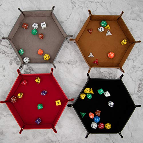 SIQUK 4-Pack Hexagonal Folding Dice Trays (Gray, Camel, Red, Black) – PU Leather & Velvet Lined for D&D RPG