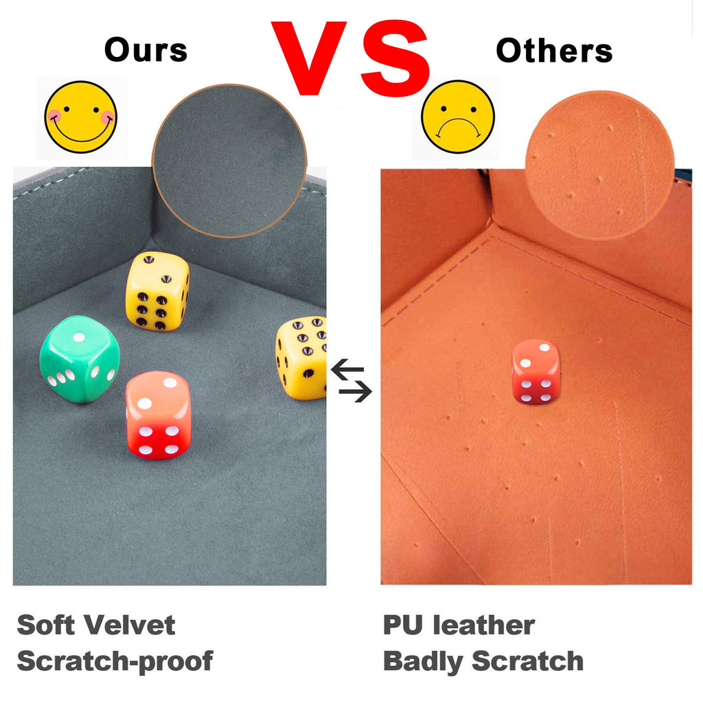 SIQUK 4-Pack Hexagonal Folding Dice Trays (Gray, Camel, Red, Black) – PU Leather & Velvet Lined for D&D RPG