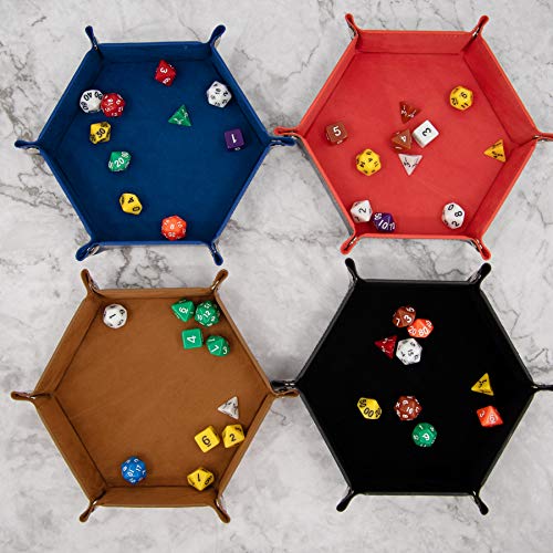 SIQUK 4-Pack Hexagonal PU Leather Dice Trays for D&D RPG – Royal Blue, Orange, Camel, Black