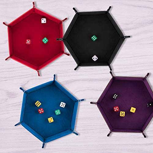SIQUK 4-Piece Foldable Hexagon Dice Tray Set – Red, Black, Blue, Violet