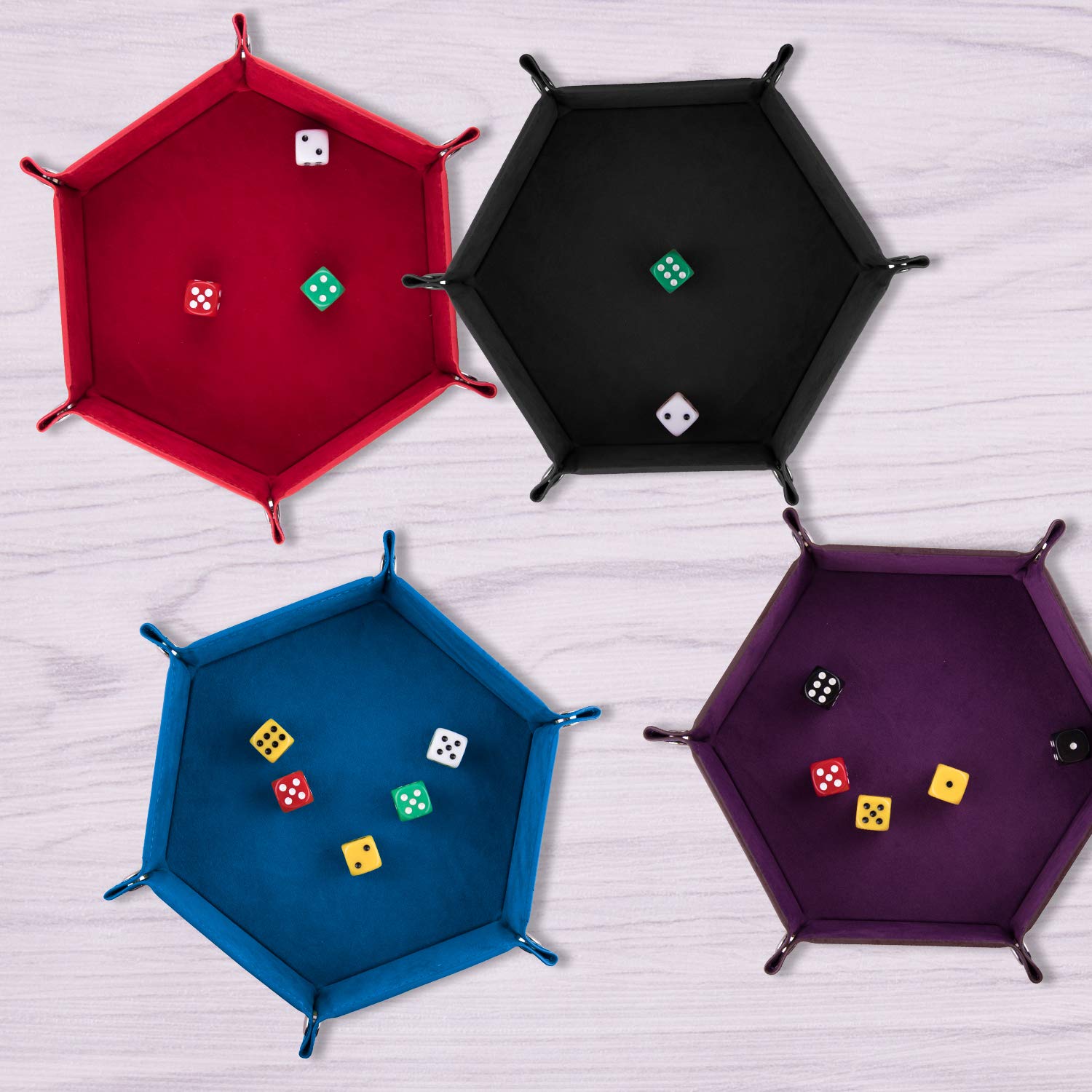 SIQUK 4-Piece Foldable Hexagon Dice Tray Set – Red, Black, Blue, Violet