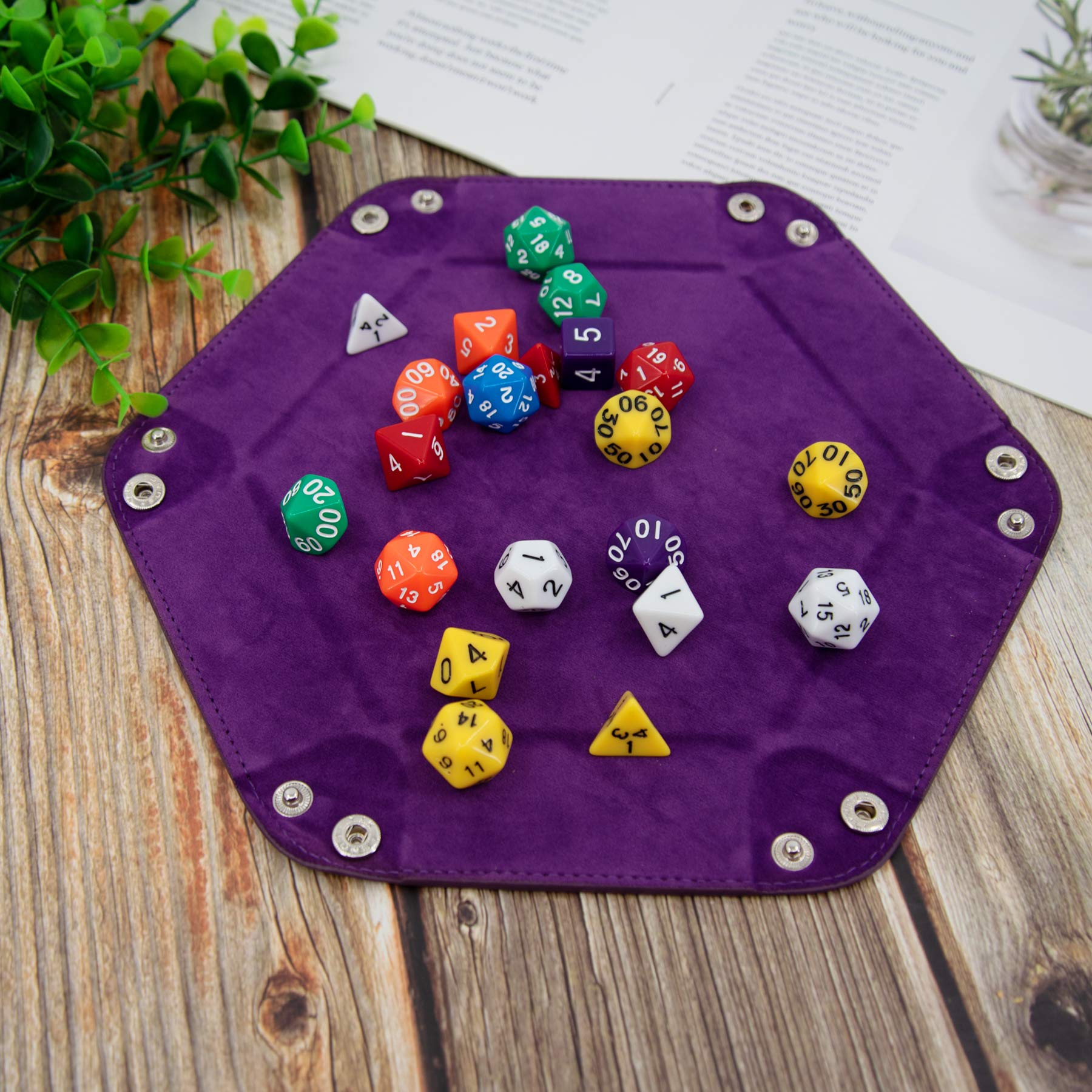 SIQUK 4-Piece Hexagonal Folding Dice Tray Set – PU Leather with Velvet Lining, Cyan Pink Violet Black
