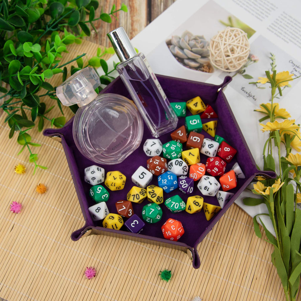SIQUK 4-Piece Hexagonal Folding Dice Tray Set – PU Leather with Velvet Lining, Cyan Pink Violet Black