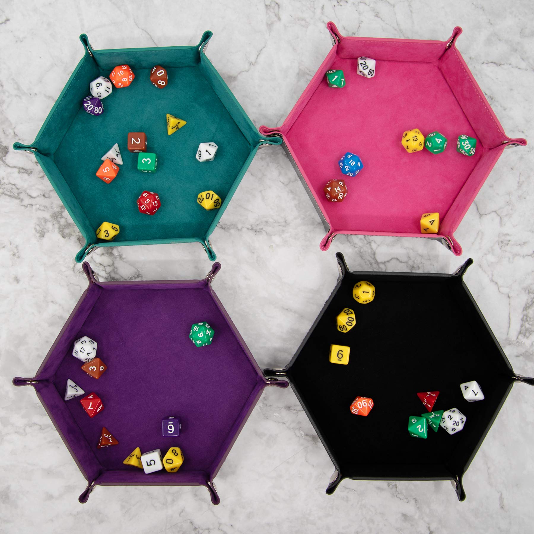 SIQUK 4-Piece Hexagonal Folding Dice Tray Set – PU Leather with Velvet Lining, Cyan Pink Violet Black