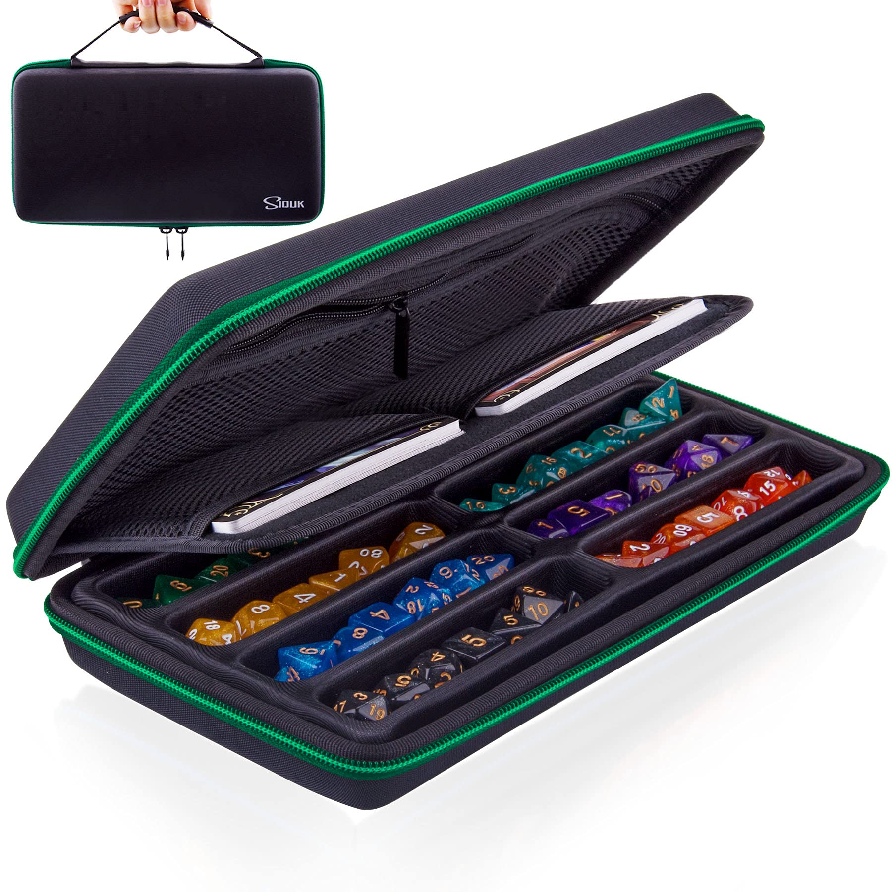 SIQUK Green EVA Dice Case with Detachable Tray and Handle – Holds Up to 8 Dice Sets