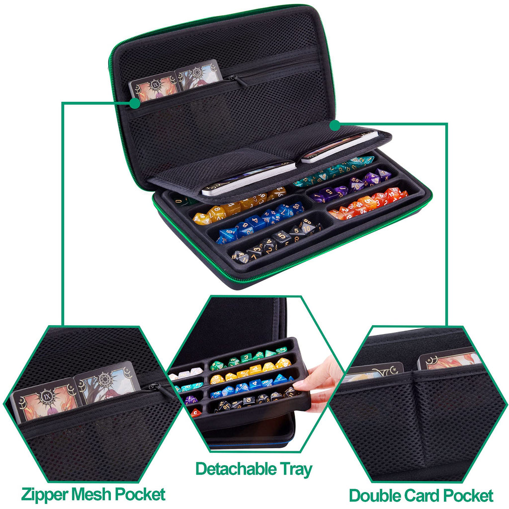 SIQUK Green EVA Dice Case with Detachable Tray and Handle – Holds Up to 8 Dice Sets