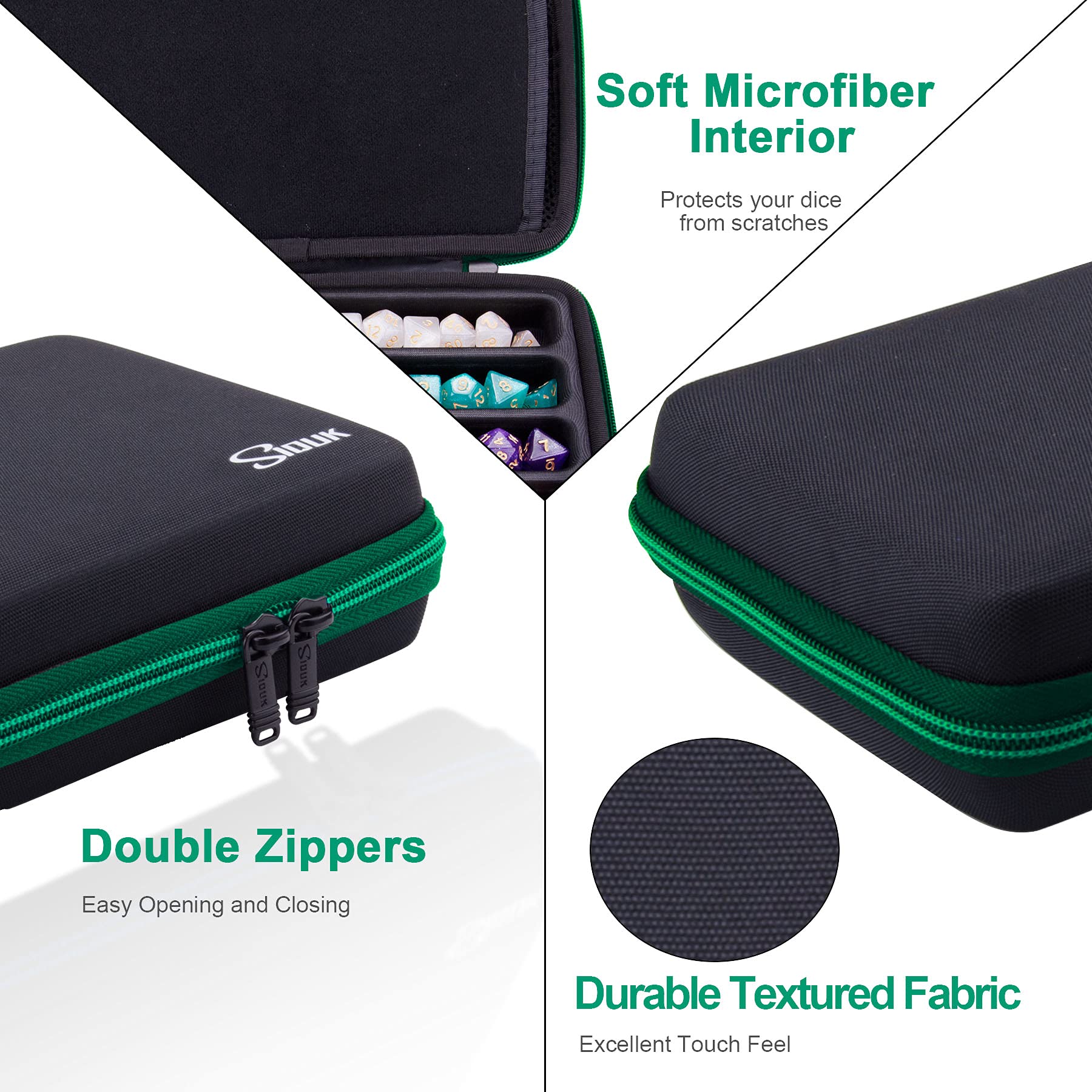 SIQUK Green EVA Dice Case with Detachable Tray and Handle – Holds Up to 8 Dice Sets