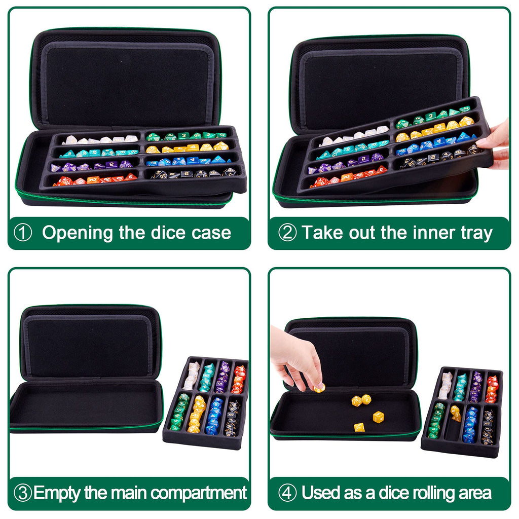 SIQUK Green EVA Dice Case with Detachable Tray and Handle – Holds Up to 8 Dice Sets