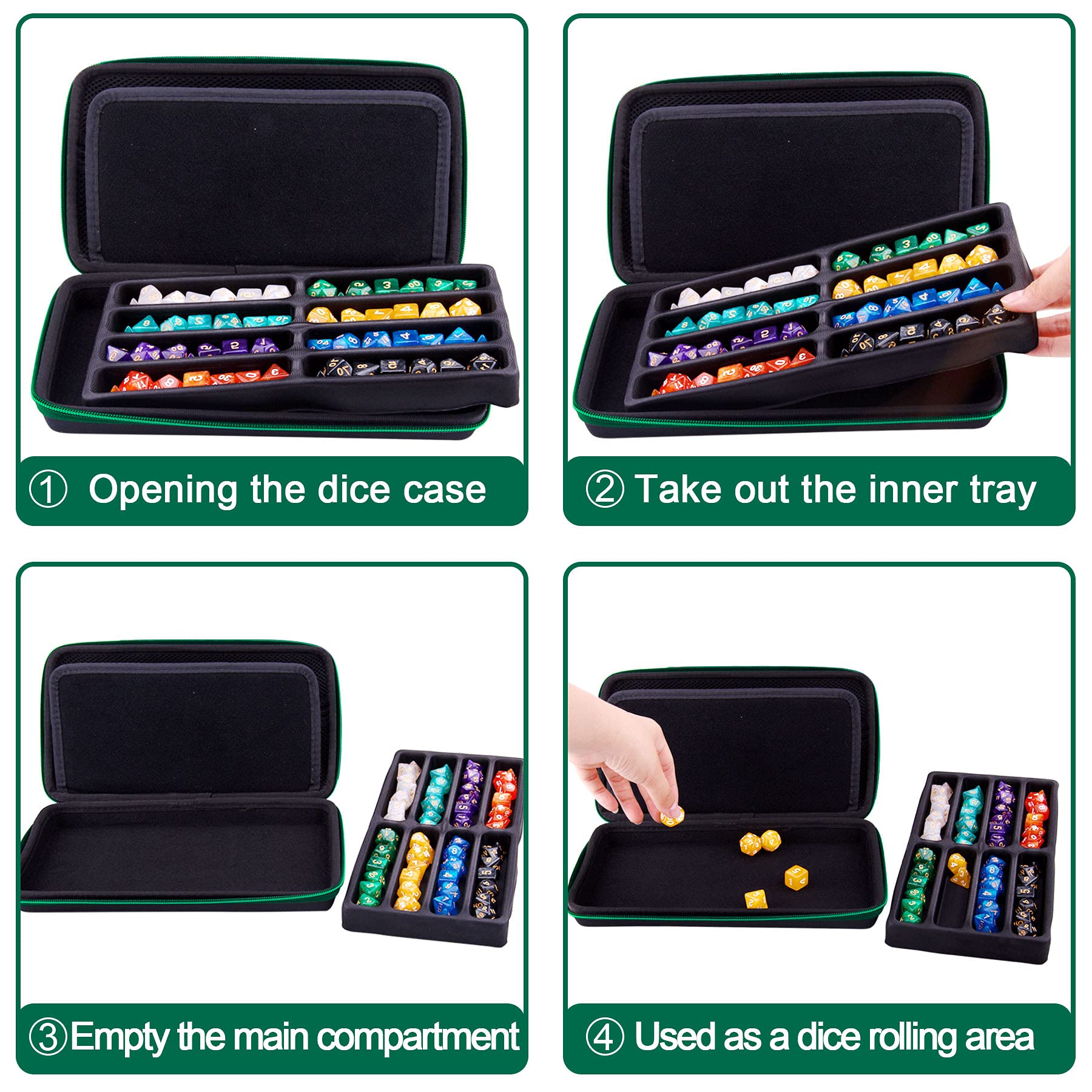 SIQUK Green EVA Dice Case with Detachable Tray and Handle – Holds Up to 8 Dice Sets