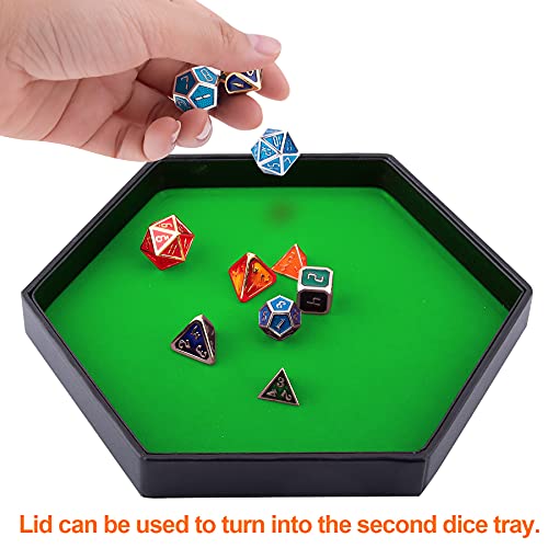 SIQUK Hexagon Dice Tray with Lid - Green Velvet and Black PU Leather for RPG, DND, Table Games