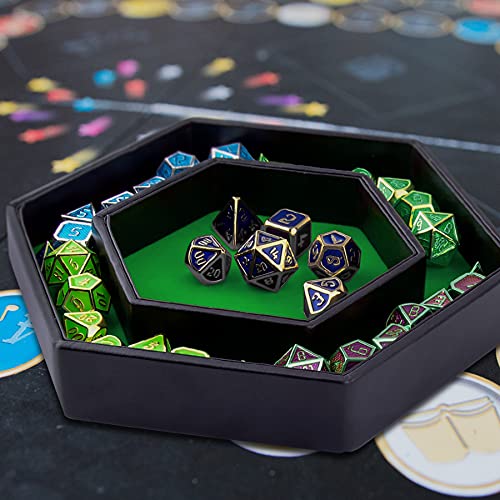 SIQUK Hexagon Dice Tray with Lid - Green Velvet and Black PU Leather for RPG, DND, Table Games