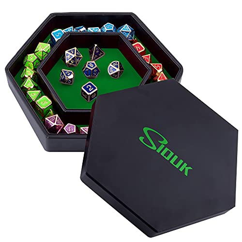 SIQUK Hexagon Dice Tray with Lid - Green Velvet and Black PU Leather for RPG, DND, Table Games