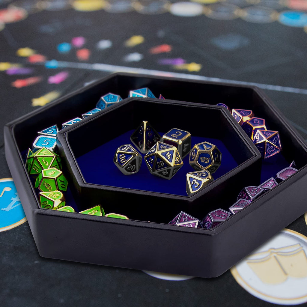 SIQUK Hexagon Dice Tray with Lid – Blue Velvet Rolling Tray for D&D and RPG Games