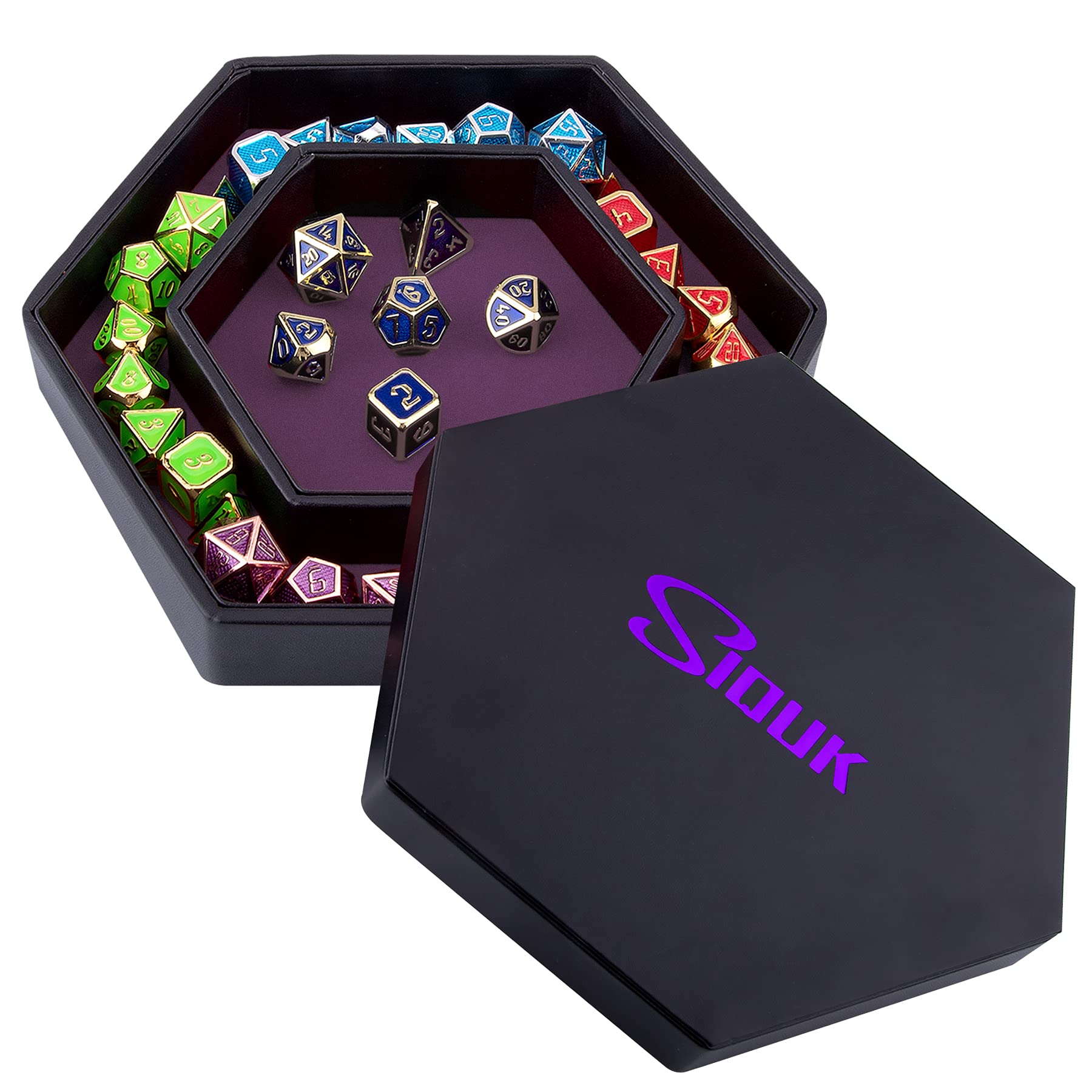 SIQUK Hexagon Dice Tray with Lid – Purple Velvet and PU Leather Rolling Tray for DND and RPG Games
