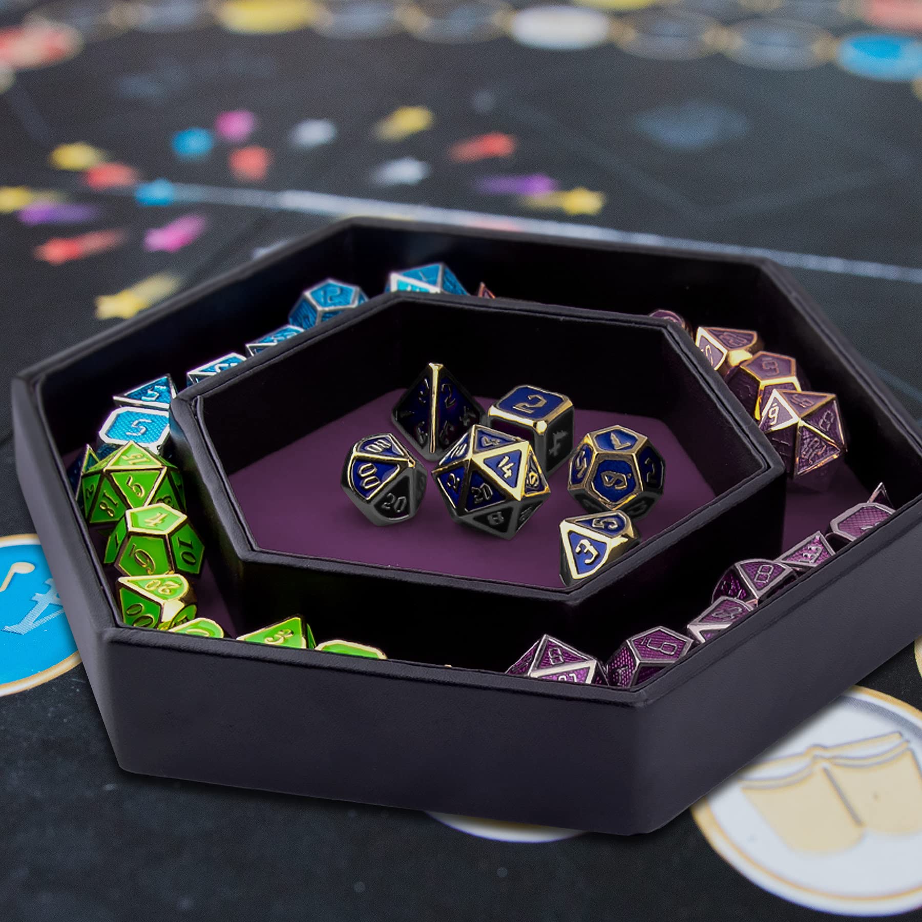 SIQUK Hexagon Dice Tray with Lid – Purple Velvet and PU Leather Rolling Tray for DND and RPG Games