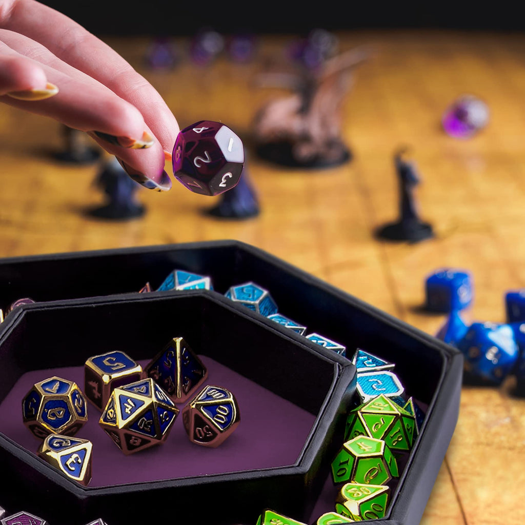 SIQUK Hexagon Dice Tray with Lid – Purple Velvet and PU Leather Rolling Tray for DND and RPG Games