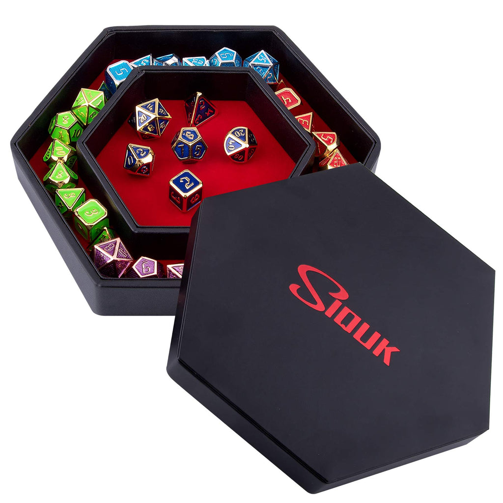 SIQUK Hexagon Dice Tray with Lid – Red Velvet & PU Leather, Holds 28 Dice, for DND RPG
