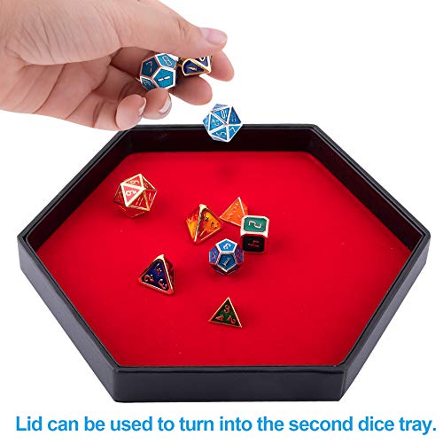 SIQUK Hexagon Dice Tray with Lid – Red Velvet & PU Leather, Holds 28 Dice, for DND RPG