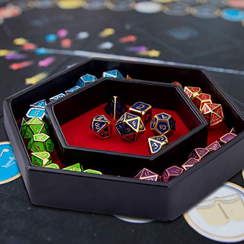 SIQUK Hexagon Dice Tray with Lid – Red Velvet & PU Leather, Holds 28 Dice, for DND RPG