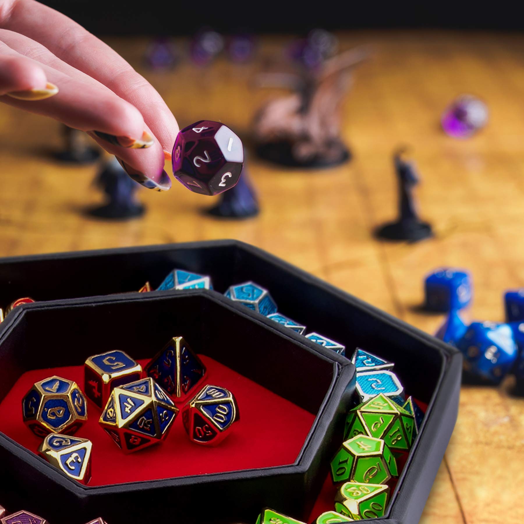 SIQUK Hexagon Dice Tray with Lid – Red Velvet & PU Leather, Holds 28 Dice, for DND RPG