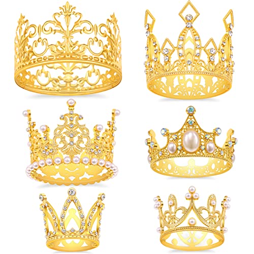 SisBroo Gold Crown Cake Toppers Set of 6 - Metal Mini Crowns for Cakes, Hair, and Party Decor