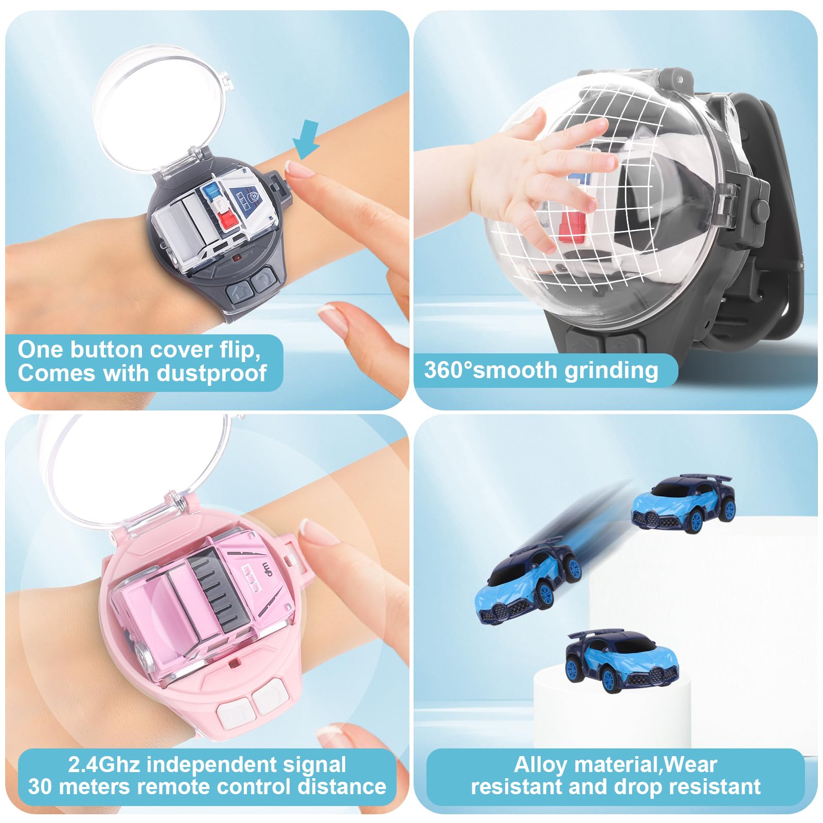 SitertCF Mini Remote Control Car Watch Toy – Blue 2.4GHz Race Car with LED Lights, USB Charging, Wrist Controller for Kids