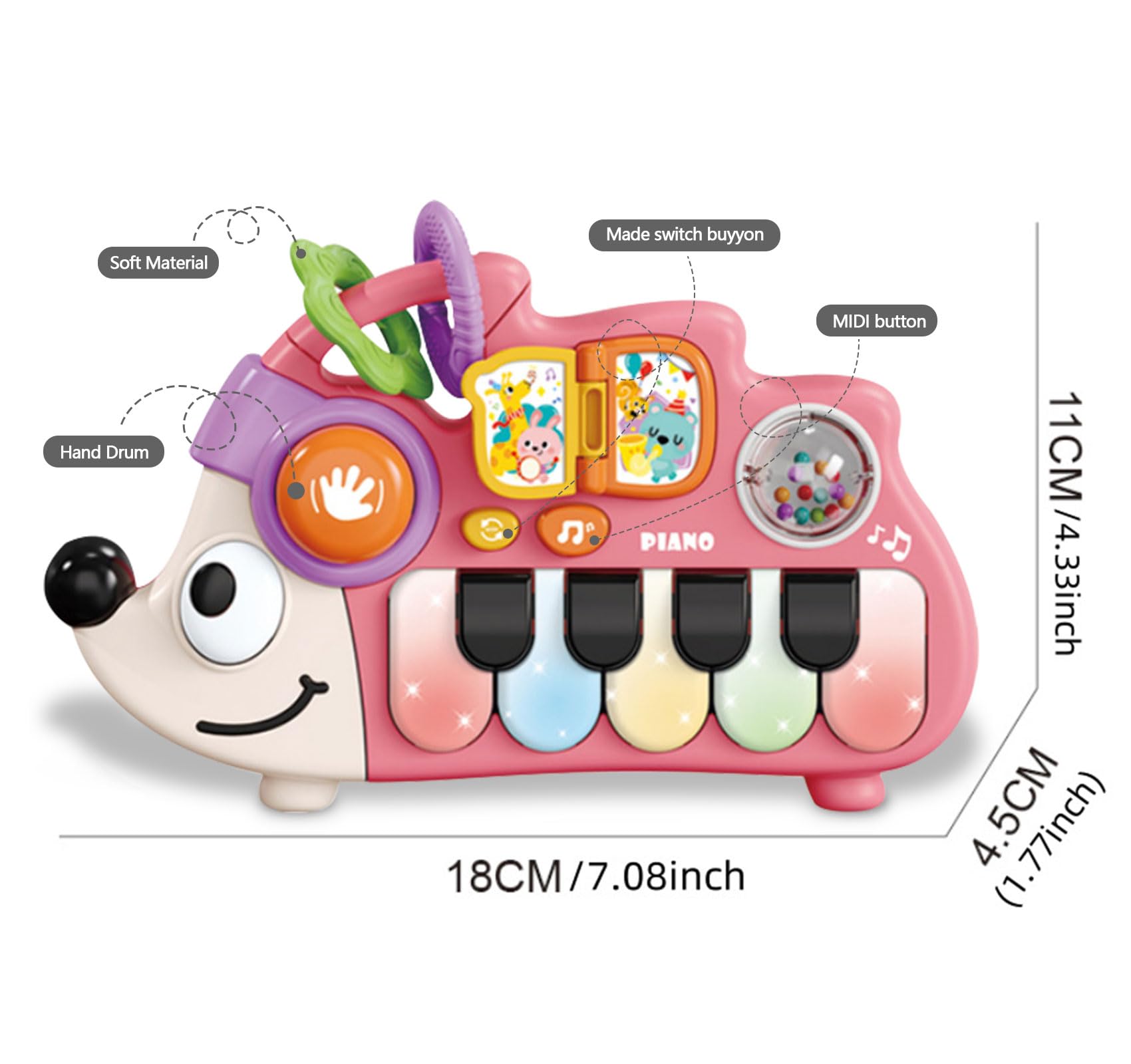 Sjxzfmm Baby Musical Piano Toy for Toddlers 1-3, Busy Board with Lights & Sounds, Pink Hedgehog Design, Montessori Gift for 1 Year Old Boys Girls