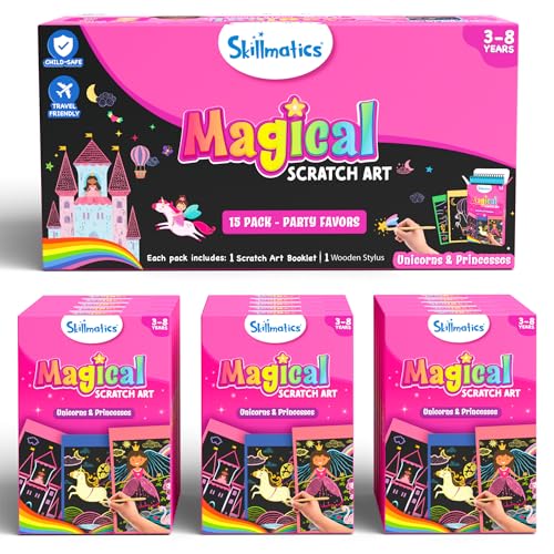Skillmatics 15-Pack Scratch Art Party Favors: Unicorn & Princess Designs for Kids Ages 3-8