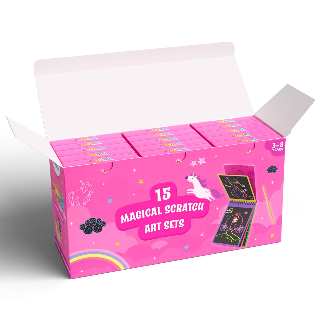 Skillmatics 15-Pack Scratch Art Party Favors: Unicorn & Princess Designs for Kids Ages 3-8