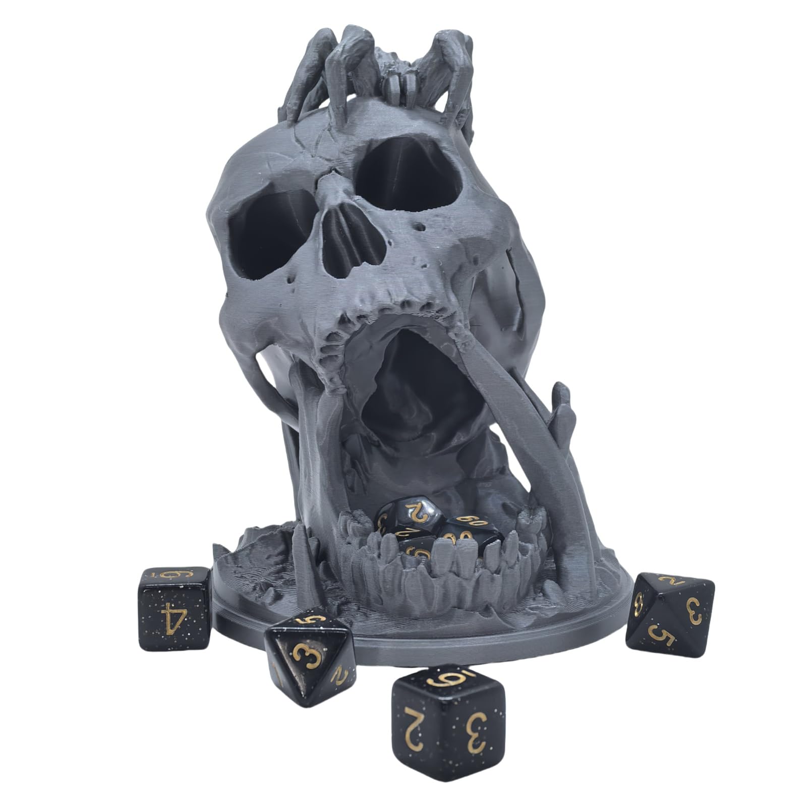 Skull Dice Tower for D&D RPG with Random 7-Piece D20 Dice Set – Silver Plastic 3D Printed
