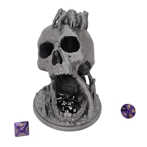Skull Dice Tower for D&D RPG with Random 7-Piece D20 Dice Set – Silver Plastic 3D Printed