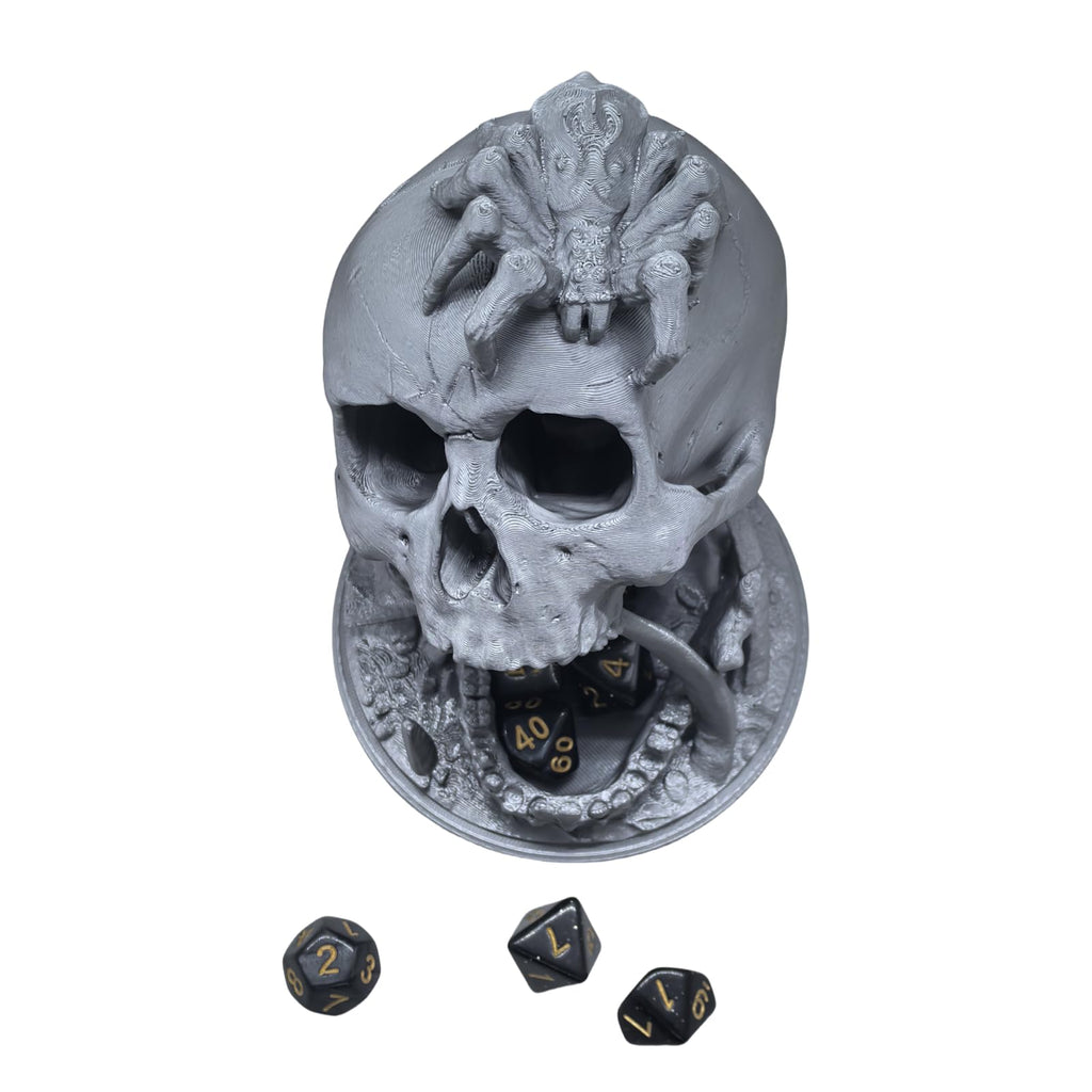 Skull Dice Tower for D&D RPG with Random 7-Piece D20 Dice Set – Silver Plastic 3D Printed