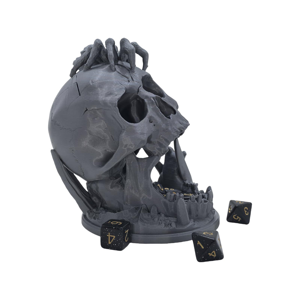 Skull Dice Tower for D&D RPG with Random 7-Piece D20 Dice Set – Silver Plastic 3D Printed