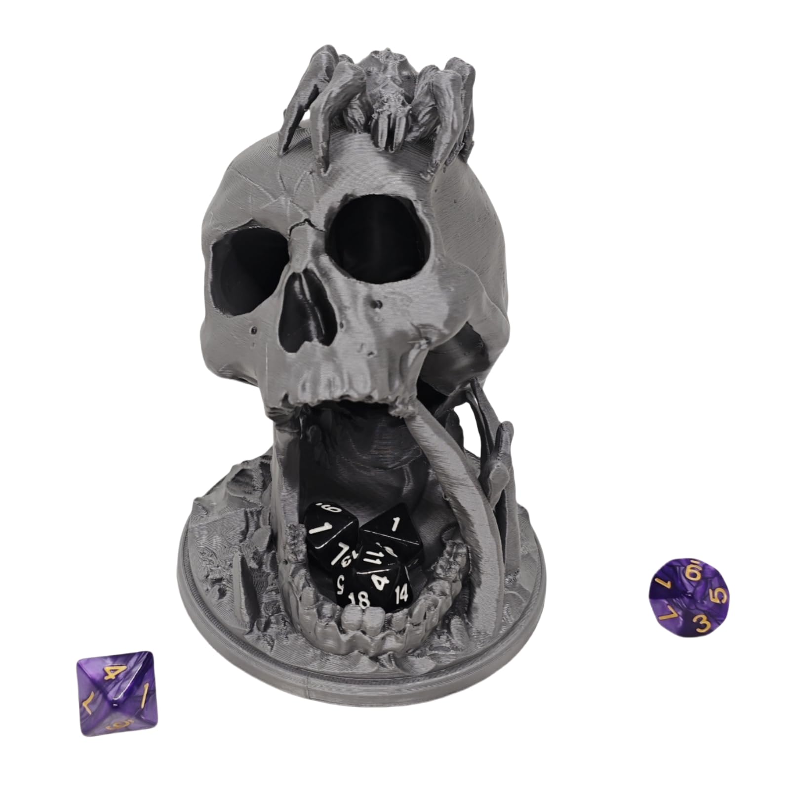 Skull Dice Tower for D&D RPG with Random 7-Piece D20 Dice Set – Silver Plastic 3D Printed