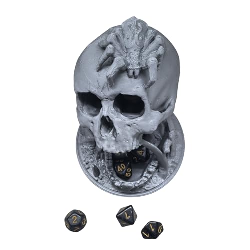 Skull Dice Tower for D&D RPG with Random 7-Piece D20 Dice Set – Silver Plastic 3D Printed