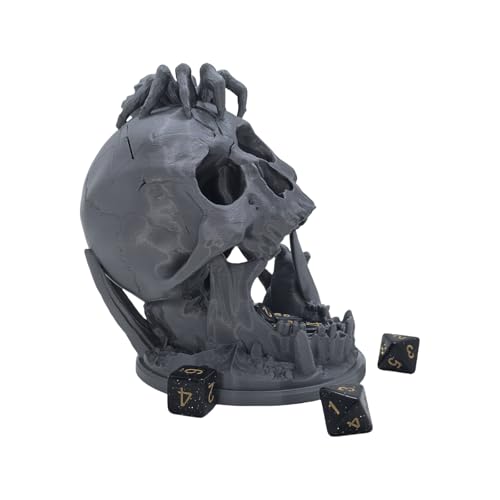 Skull Dice Tower for D&D RPG with Random 7-Piece D20 Dice Set – Silver Plastic 3D Printed