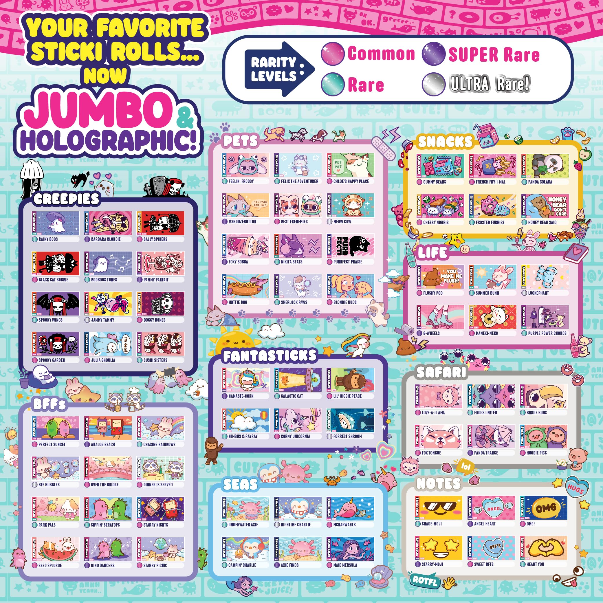 Sky Castle Sticki Rolls Jumbo Stickies Creepies 2 - 6-Pack Capsule (Amazon Exclusive) | Collectible Reusable Wall Decor for Kids 5+