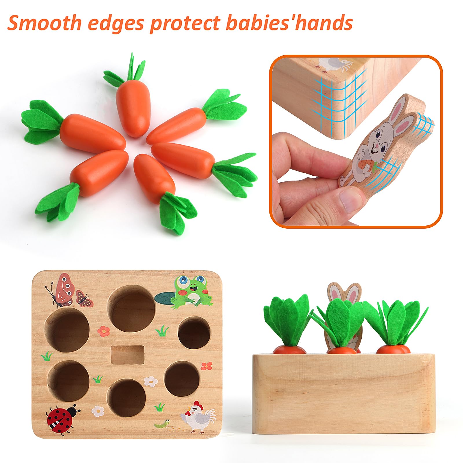 SKYFIELD Carrot Harvest Game – Wooden Shape Sorting Puzzle for Toddlers 1-3 Years, Montessori Toy with 7 Sizes