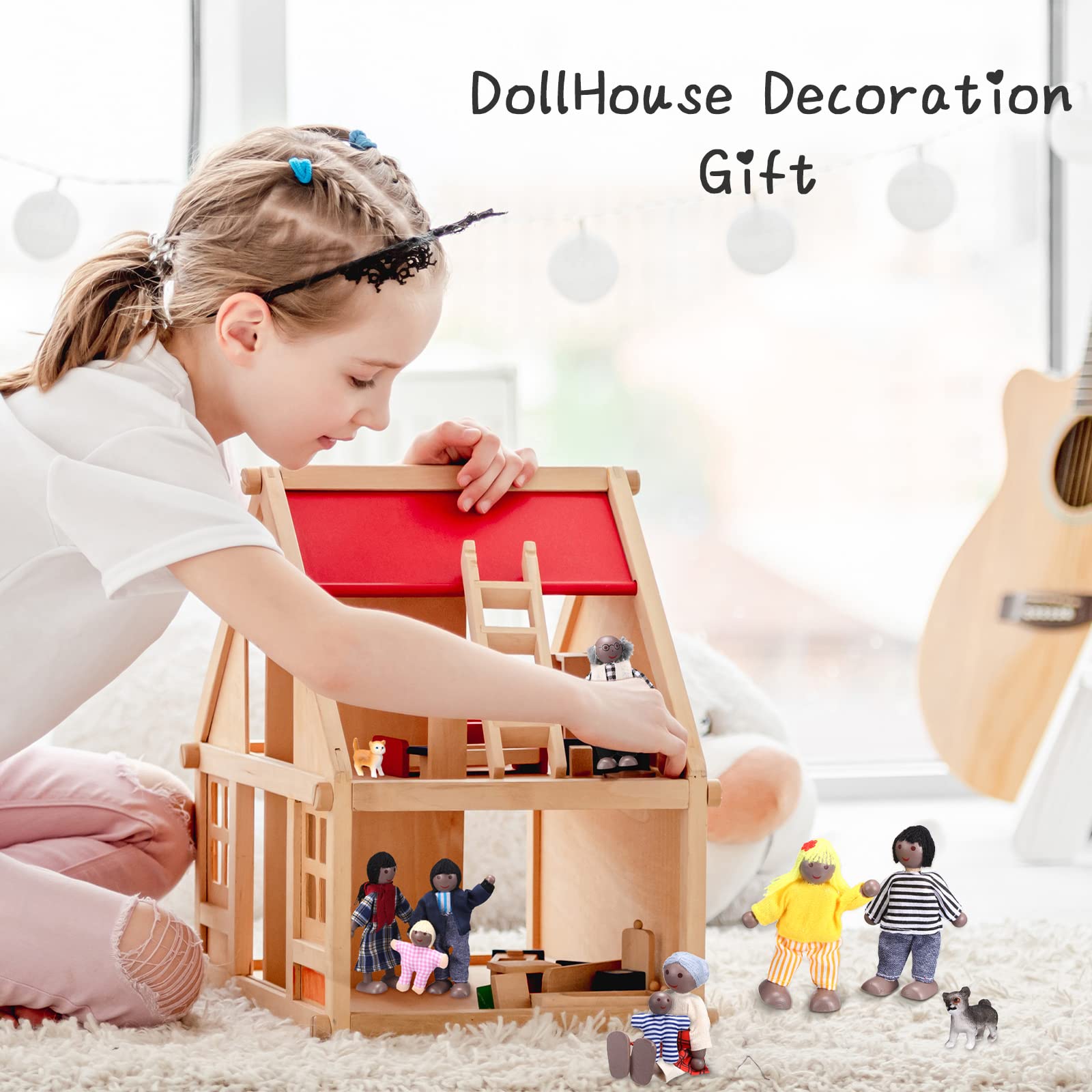 Skylety 10-Piece Wooden Dollhouse Family Set with Movable Limbs