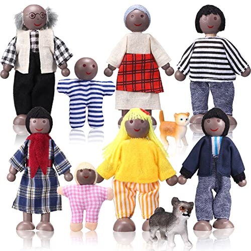 Skylety 10-Piece Wooden Dollhouse Family Set with Movable Limbs