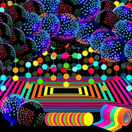 Skylety 32-Piece Glow in the Dark Party Supplies Set with Neon Balloons, UV Tape, and Pre-Assembled Wreath for Blacklight Parties