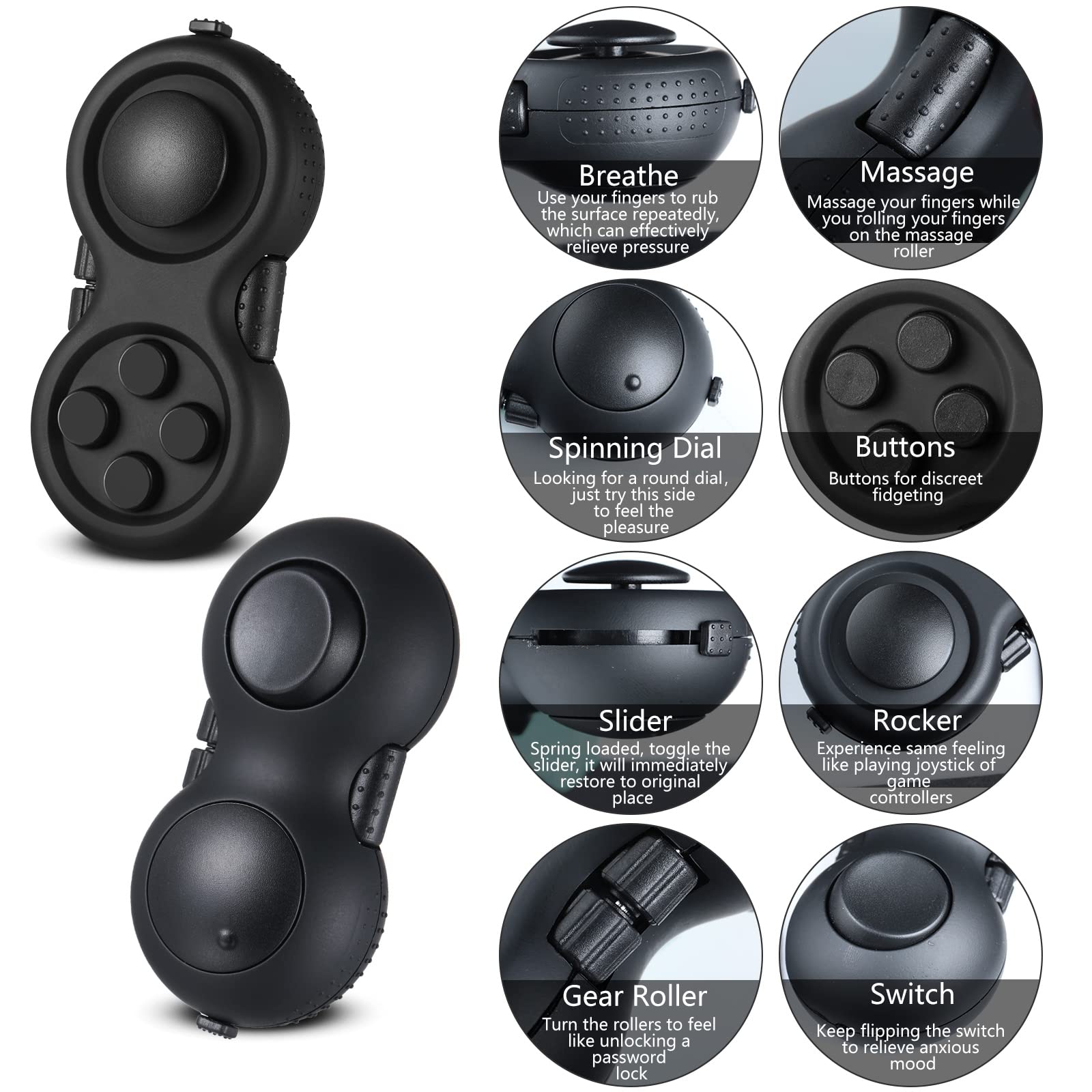 Skylety 4-Piece Cam Fidget Pad Controller – 8 Fun Features, Keychain Sensory Toy for Stress Relief (Assorted Colors)