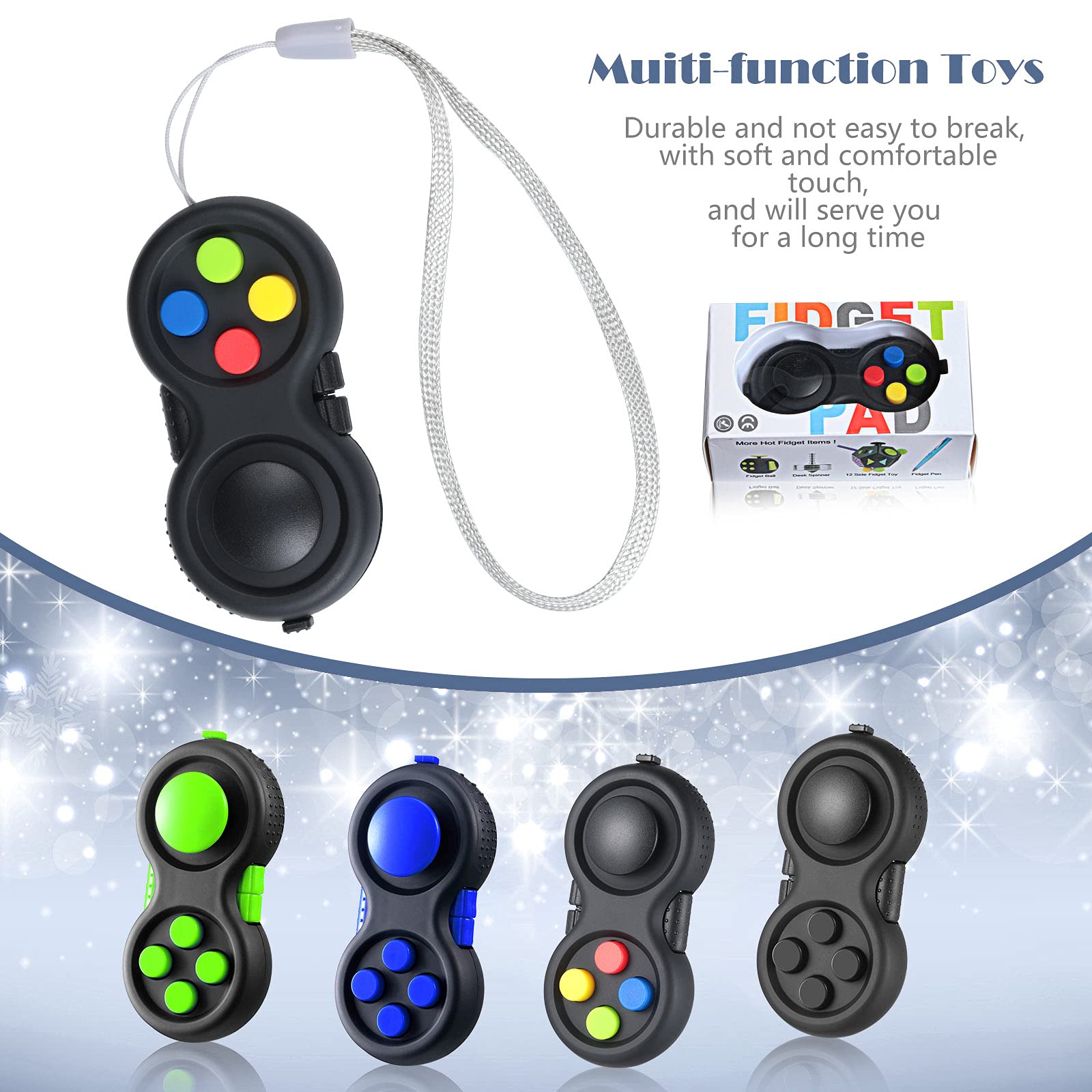 Skylety 4-Piece Cam Fidget Pad Controller – 8 Fun Features, Keychain Sensory Toy for Stress Relief (Assorted Colors)