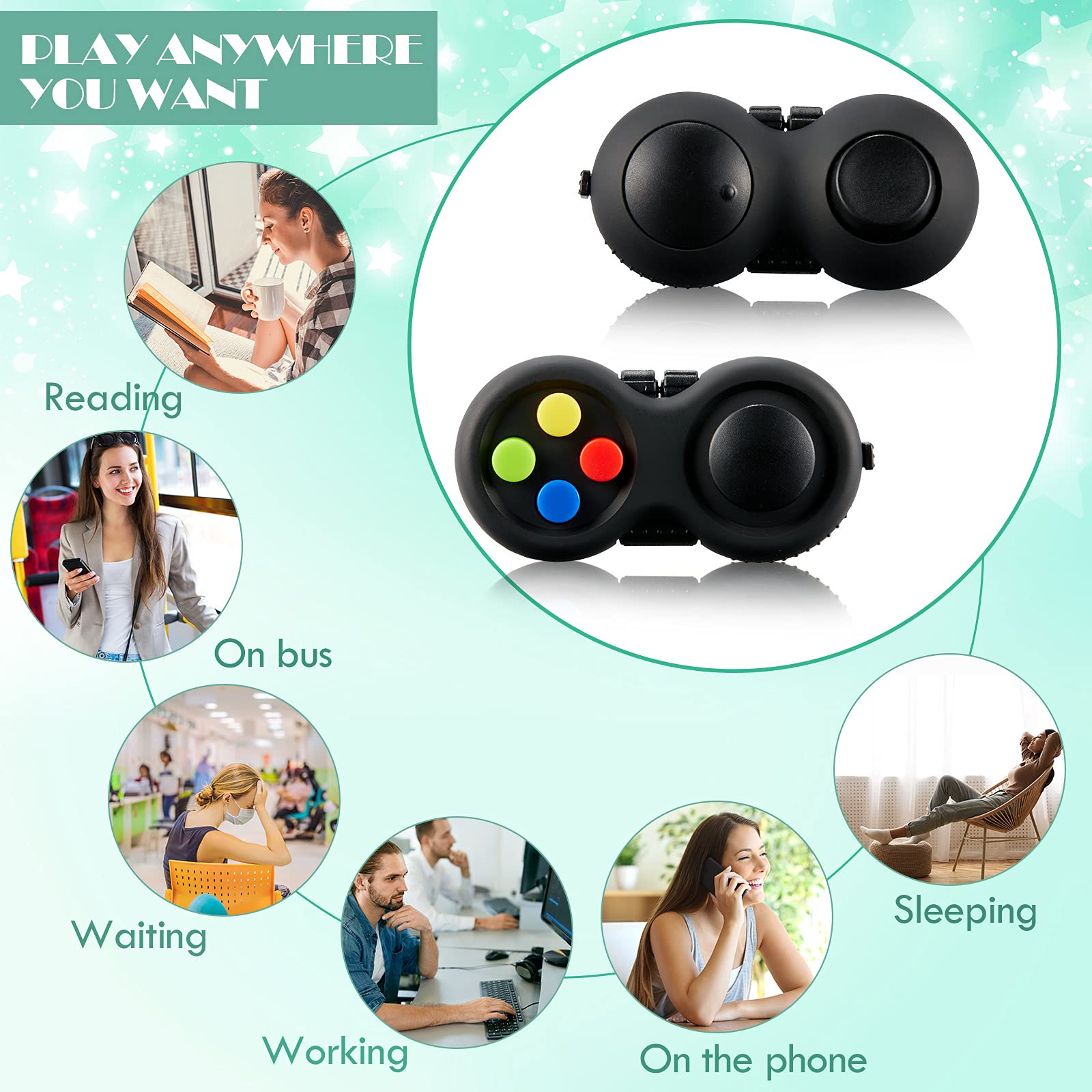 Skylety 4-Piece Cam Fidget Pad Controller – 8 Fun Features, Keychain Sensory Toy for Stress Relief (Assorted Colors)
