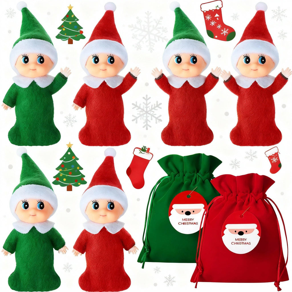 Skylety 6-Pack Mini Christmas Doll Babies with Velvet Bags – Red & Green