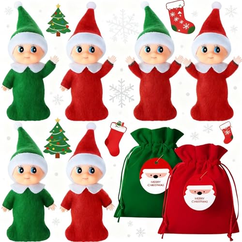 Skylety 6-Pack Mini Christmas Doll Babies with Velvet Bags – Red & Green