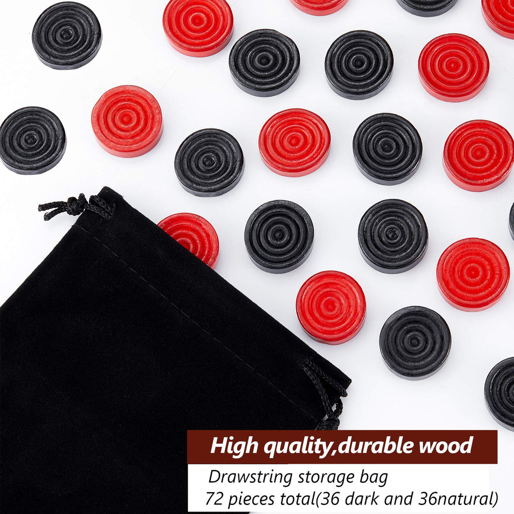 Skylety 72 Wooden Checkers Pieces 1.06" Stackable Ridge Design with Drawstring Pouch for Checkers and Backgammon (Red & Black)