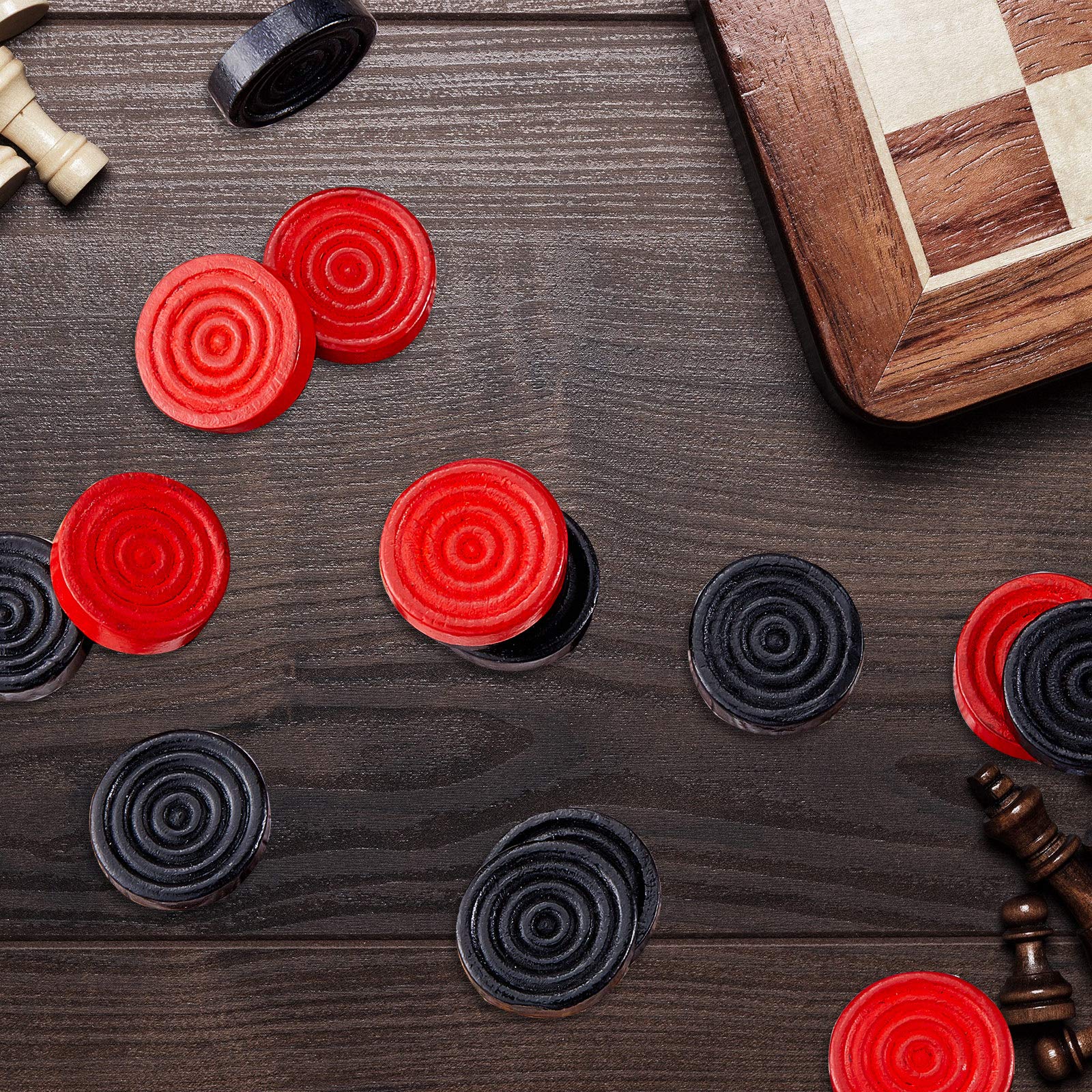Skylety 72 Wooden Checkers Pieces 1.06" Stackable Ridge Design with Drawstring Pouch for Checkers and Backgammon (Red & Black)